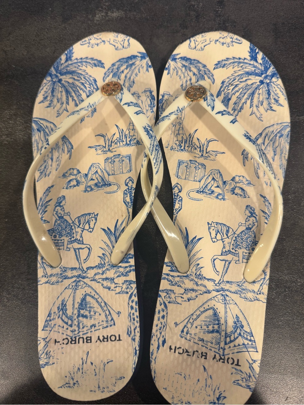 Tory Burch Cream Flip Flop Sandals with Blue Toile Print
